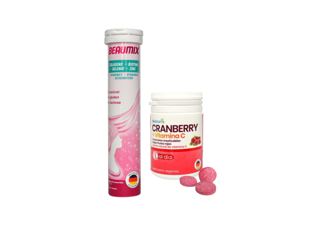 El combo ideal de la Línea Mujer: Colágeno efervescente + Caramelos de Cranberry. Firmeza para tu piel y protección urinaria. 0% Azúcar.